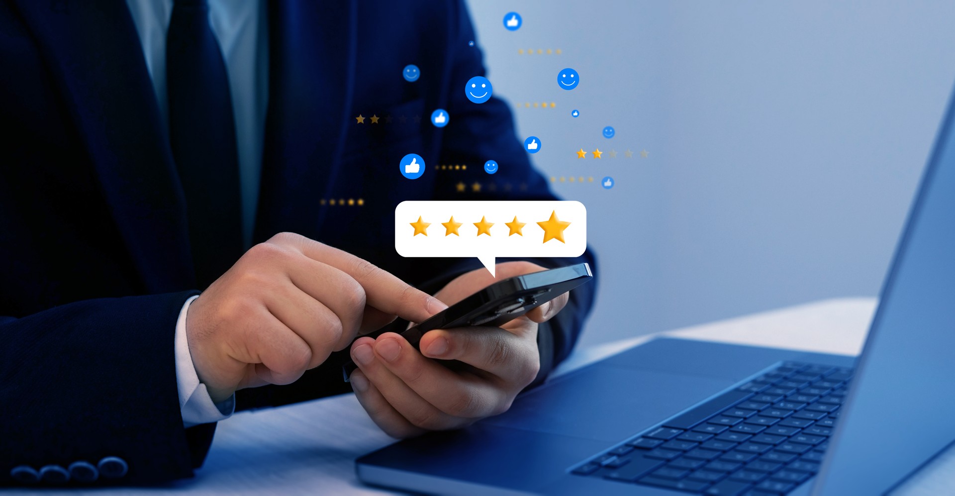 Satisfaction, quality and performance.Businessman gives leave feedback on the bought product with five star rating. Review customer satisfaction feedback